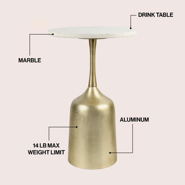 Pip 20.25" Classic Designer Metal Drink Table and Decorative End Table with White Marble Round Top and Bell Pedestal Base